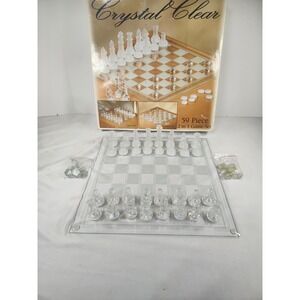 Crystal Clear 59 Piece Glass Chess and Checkers 2 in 1 Game Set Frosted Board